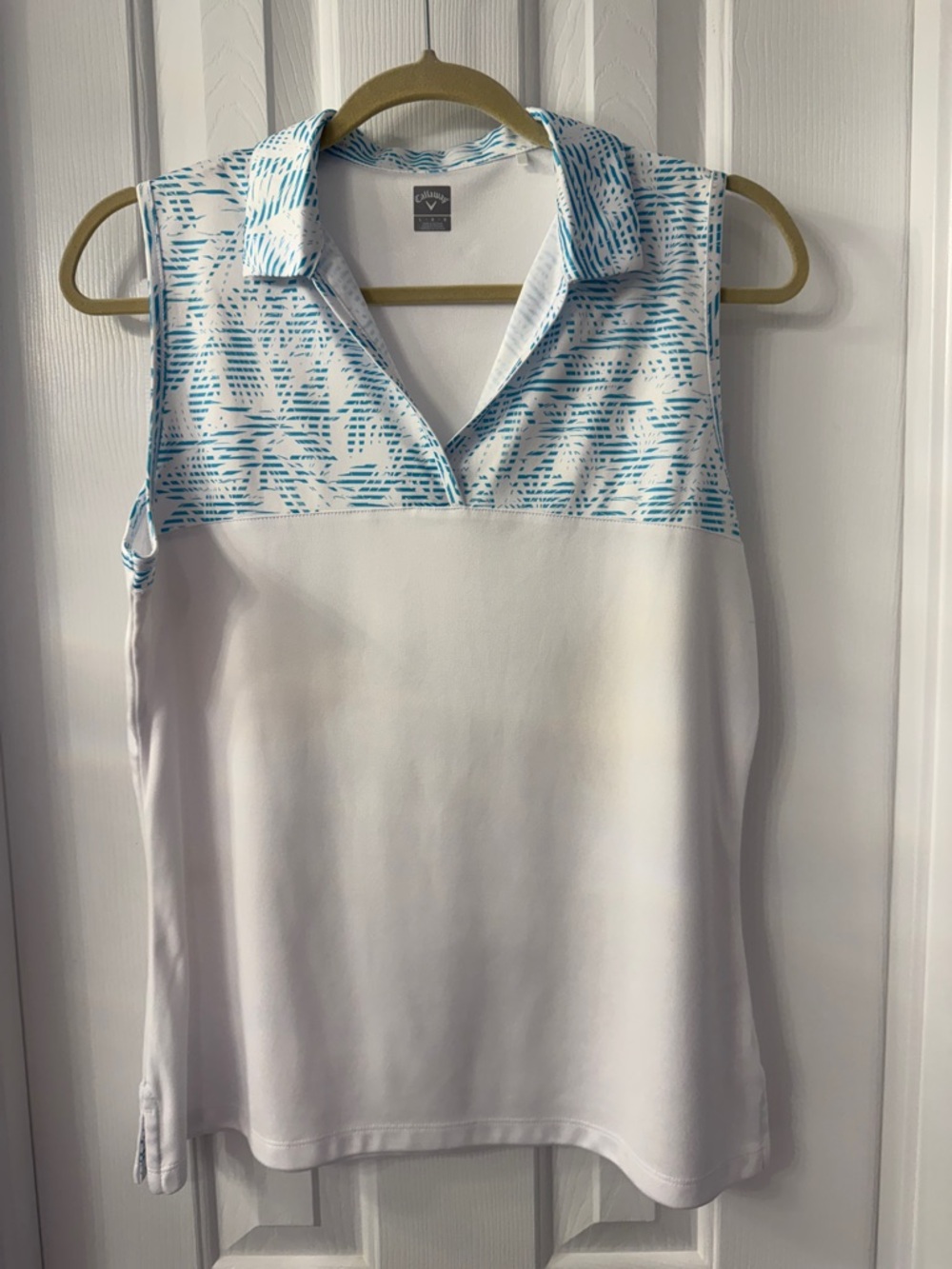 Callaway Women's White Sleeveless Polo Tank with Aqua Print Yoke